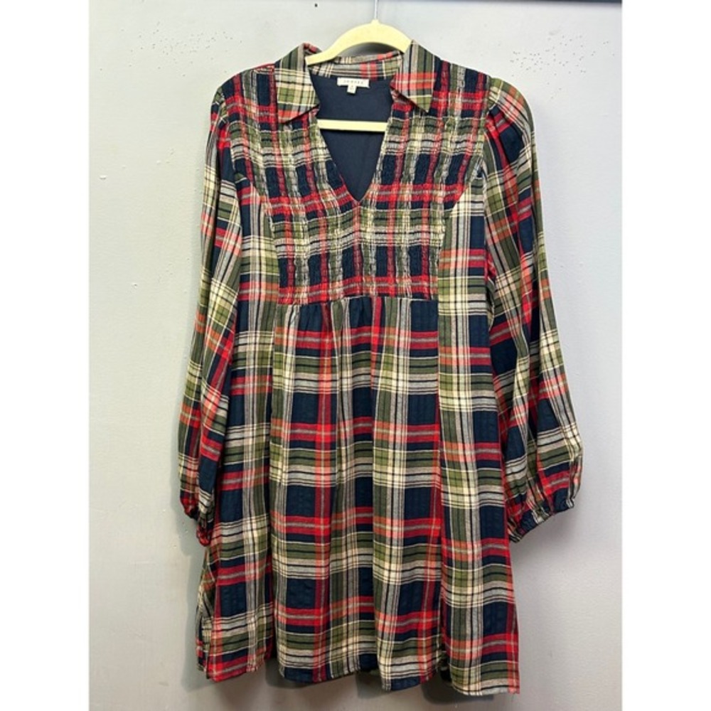 JODIFL Plaid Mini Dress Women Small Red Green Tartan Smocked V-Neck Boho